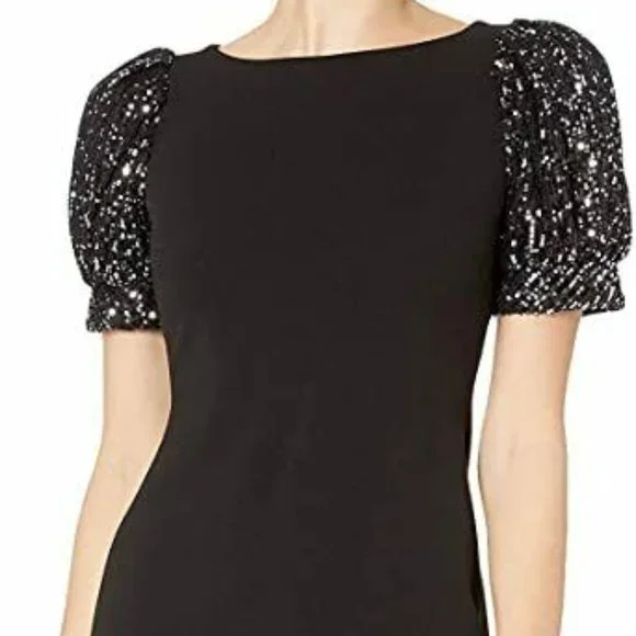 calvin klein women's embellished short-sleeve dress Calvin Klein Women's Short Sleeved Sequin Sheath Dress, Black/Silver, 2 at Amazon Women's Clothing store